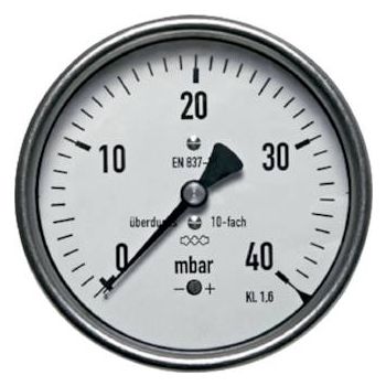 Capsule pressure gauge, horizontal, up to 10-fold overload capacity, mbar