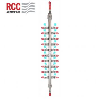 20-STATION S/S AIR MANIFOLD. 3/4"BSPT VALVED INLET C/W 10 X 10 1/4" BSPT OUTLET. VENTING