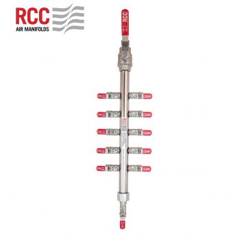 10-STATION S/S AIR MANIFOLD. 3/4"BSPT VALVED INLET C/W 5 X 5 1/4" BSPT OUTLET. STANDARD