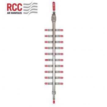 20-STATION S/S AIR MANIFOLD. 3/4"BSPT VALVED INLET C/W 10 X 10 1/4" BSPT OUTLET. STANDARD